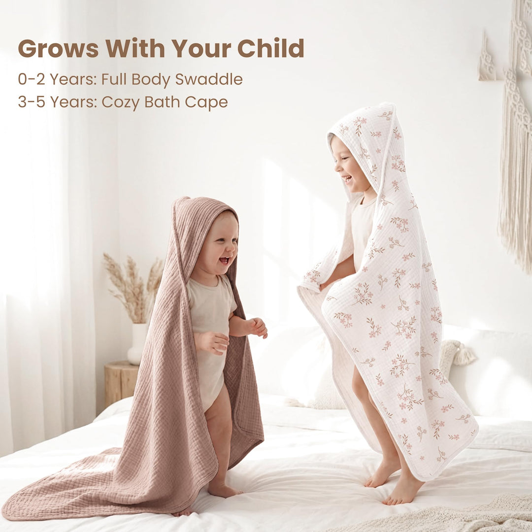 Konssy 2-Pack 100% Muslin Cotton Hooded Baby Bath Towels for Boys and Girls 32 x 32 In, Ultra-Soft & Absorbent, Bath Towels With Hooded for Infants Newborns Toddlers, Machine Washable