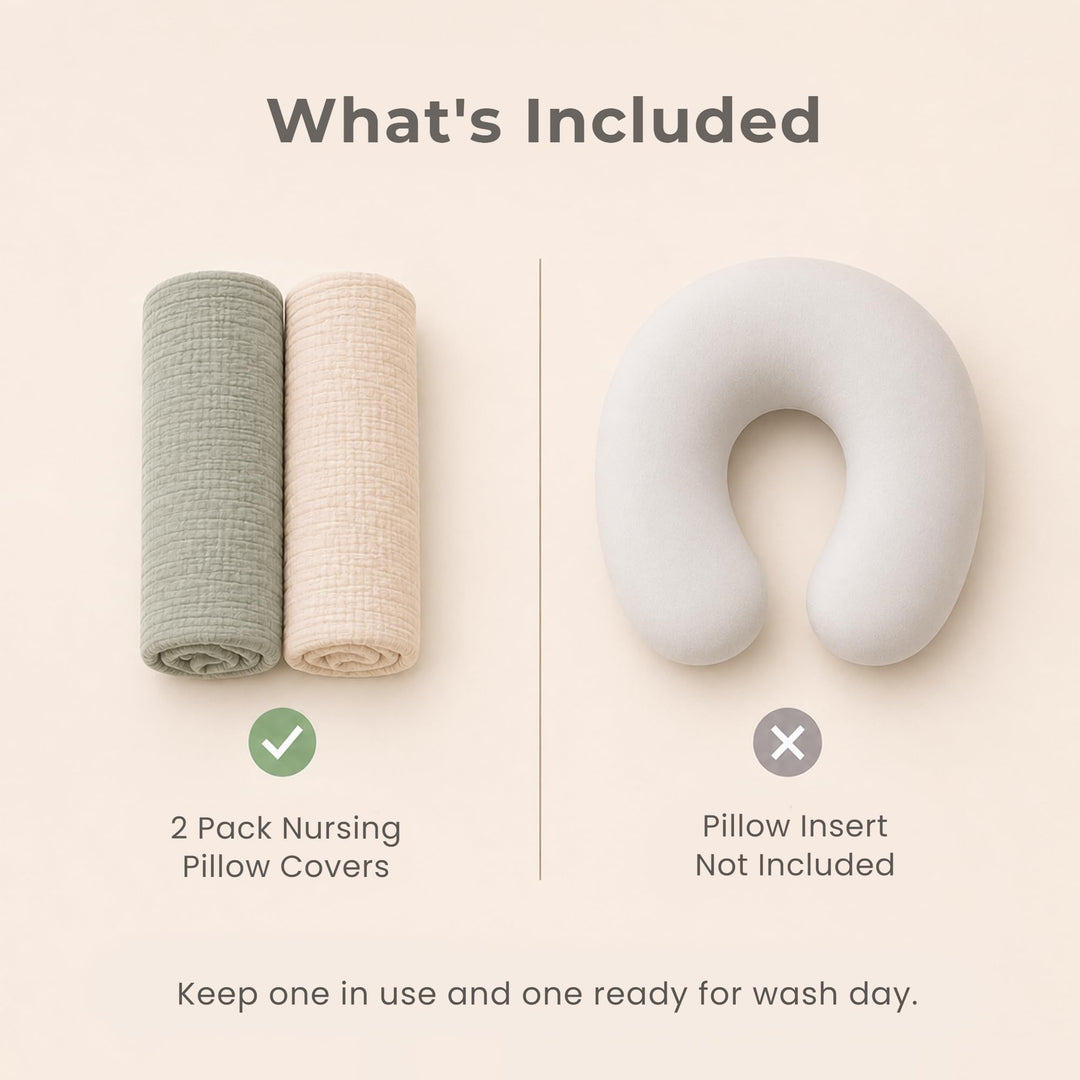 Konssy 2-Pack 100% Cotton Muslin Nursing Pillow Covers, Soft Cover for Baby Covers Only, Breastfeeding Pillows Slipcovers for Baby Boys & Girls, Hidden Zipper, Machine Washable,