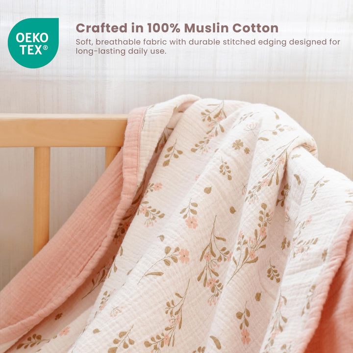 Konssy 100% Cotton Muslin Baby Blanket for Girls Boys, 40"x36" Soft & Lightweight, 4-Layer Muslin, for Receiving, Swaddling, Crib, Stroller & Nursery, Newborn to Toddler