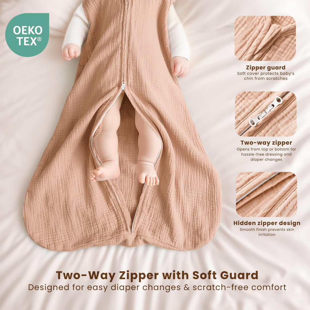 Konssy Muslin Baby Sleep Sack 0-6 Months, 0.8 TOG Baby Wearable Blanket 2 Pack, Two-Way Zipper, 100% Cotton, Soft & Breathable Sleeping Sack, Infants and Toddlers Nursery Essentials