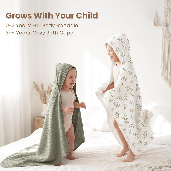 Konssy 2-Pack 100% Muslin Cotton Hooded Baby Bath Towels for Boys and Girls 32 x 32 In, Ultra-Soft & Absorbent, Bath Towels With Hooded for Infants Newborns Toddlers, Machine Washable