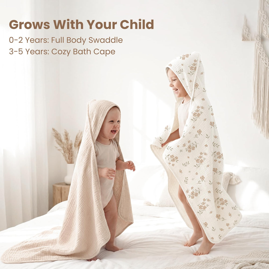 Konssy 2-Pack 100% Muslin Cotton Hooded Baby Bath Towels for Boys and Girls 32 x 32 In, Ultra-Soft & Absorbent, Bath Towels With Hooded for Infants Newborns Toddlers, Machine Washable