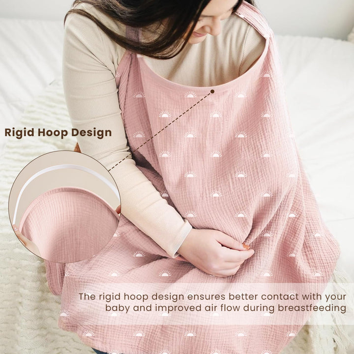 Konssy Muslin Nursing Cover Up for Breastfeeding with Rigid Hoop 100% Cotton Nursing Apron, Lightweight & Breathable, Carseat Canopy, Breast Feeding Covers for Women