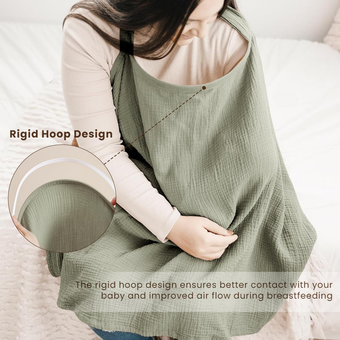 Konssy Muslin Nursing Cover Up for Breastfeeding with Rigid Hoop 100% Cotton Nursing Apron, Lightweight & Breathable, Carseat Canopy, Breast Feeding Covers for Women