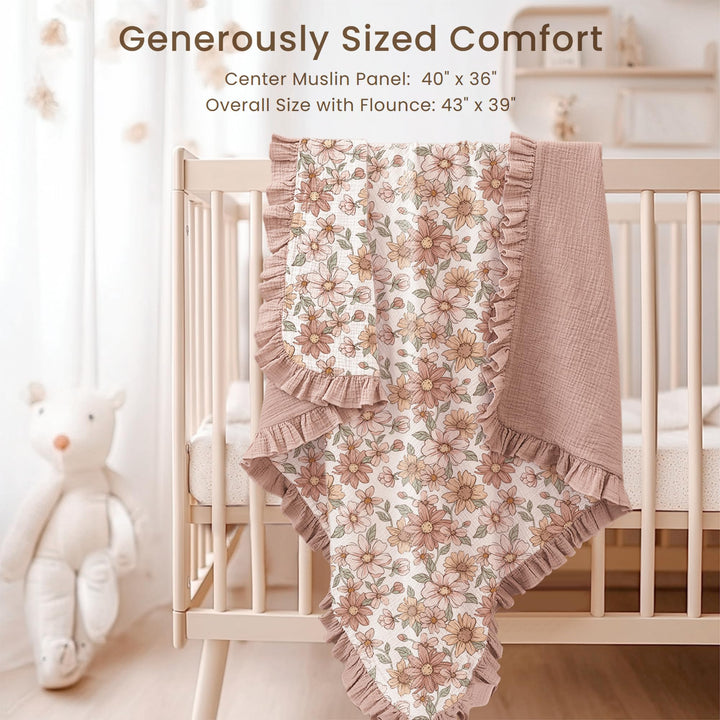 Konssy 100% Cotton Muslin Baby Blanket with Ruffle Trim for Girls, 43"x39" Reversible Design, Ultra Soft & Lightweight, for Swaddling, Crib, Stroller & Nursery Use, from Newborn to Toddler