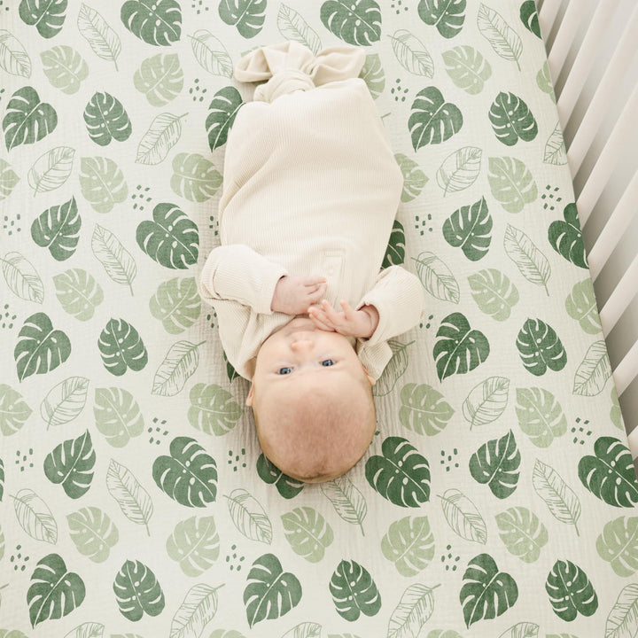 Konssy 2 Pack Muslin Crib Sheets for Baby Boys & Girls, 52" x 28" Fits Standard Crib Mattress, Premium 100% Cotton, Soft & Breathable, Neutral Design, 360° Full Elastic Fit
