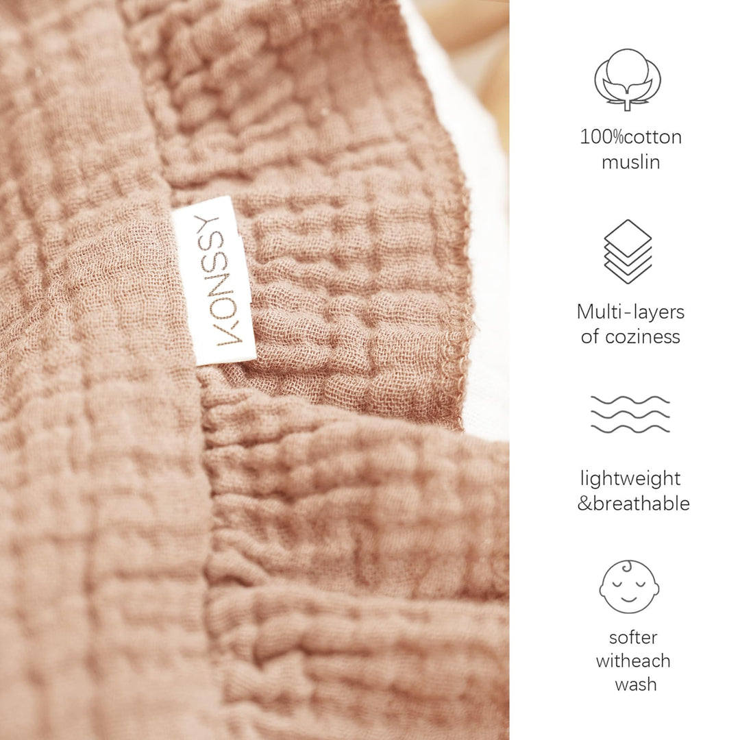 Konssy 100% Cotton Muslin Baby Blanket with Ruffle Trim for Girls, 43"x39" Reversible Design, Ultra Soft & Lightweight, for Swaddling, Crib, Stroller & Nursery Use, from Newborn to Toddler