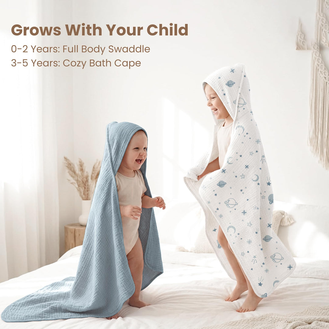 Konssy 2-Pack 100% Muslin Cotton Hooded Baby Bath Towels for Boys and Girls 32 x 32 In, Ultra-Soft & Absorbent, Bath Towels With Hooded for Infants Newborns Toddlers, Machine Washable