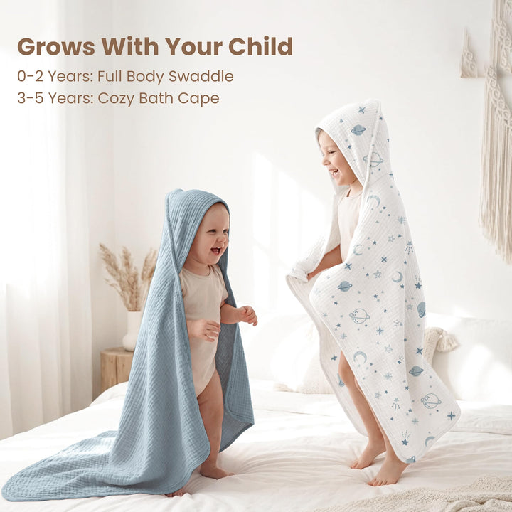 Konssy 2-Pack 100% Muslin Cotton Hooded Baby Bath Towels for Boys and Girls 32 x 32 In, Ultra-Soft & Absorbent, Bath Towels With Hooded for Infants Newborns Toddlers, Machine Washable