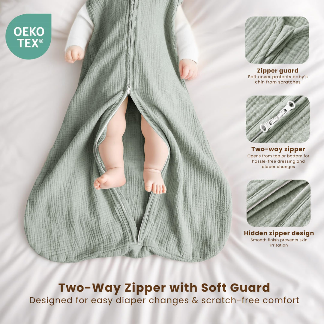 Konssy Muslin Baby Sleep Sack 0-6 Months, 0.8 TOG Baby Wearable Blanket 2 Pack, Two-Way Zipper, 100% Cotton, Soft & Breathable Sleeping Sack, Infants and Toddlers Nursery Essentials