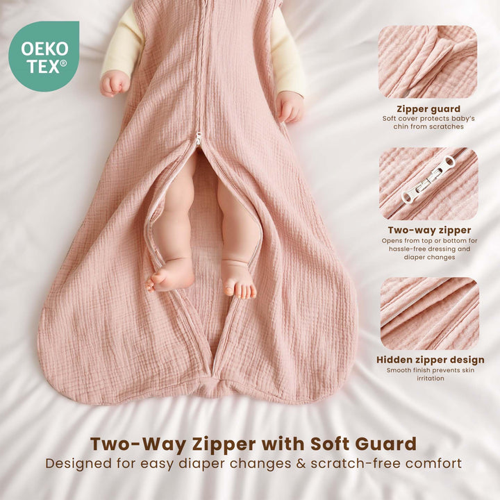 Konssy Muslin Baby Sleep Sack 6-12 Months, 0.8 TOG Baby Wearable Blanket 2 Pack, Two-Way Zipper, 100% Cotton, Soft & Breathable Sleeping Sack, Infants and Toddlers Nursery Essentials