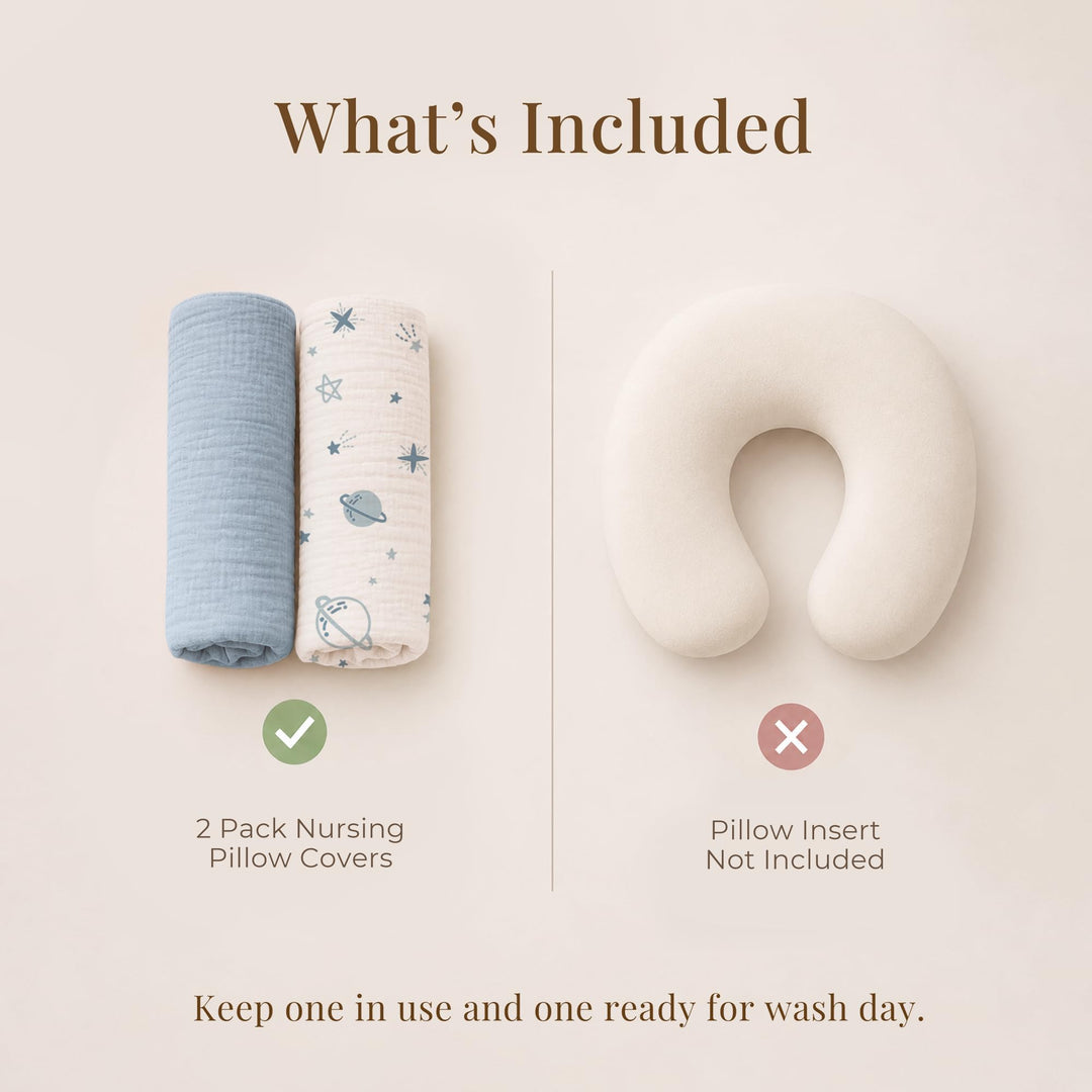 Konssy 2-Pack Muslin Nursing Pillow Covers, Floral Soft Slipcover for Baby Covers Only, 100% Cotton, Hidden Zipper, Washable, Breastfeeding Pillows Covers for Newborn Boys & Girls
