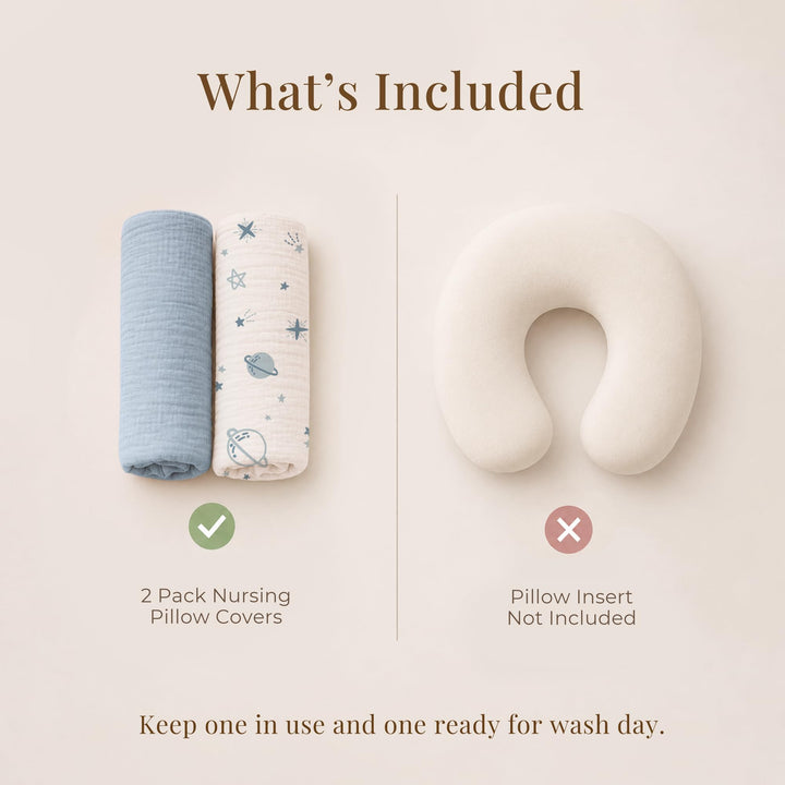Konssy 2-Pack Muslin Nursing Pillow Covers, Floral Soft Slipcover for Baby Covers Only, 100% Cotton, Hidden Zipper, Washable, Breastfeeding Pillows Covers for Newborn Boys & Girls