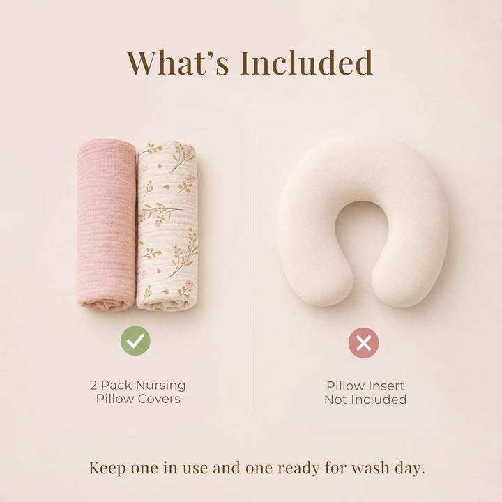 Konssy 2-Pack Muslin Nursing Pillow Covers, Floral Soft Slipcover for Baby Covers Only, 100% Cotton, Hidden Zipper, Washable, Breastfeeding Pillows Covers for Newborn Boys & Girls