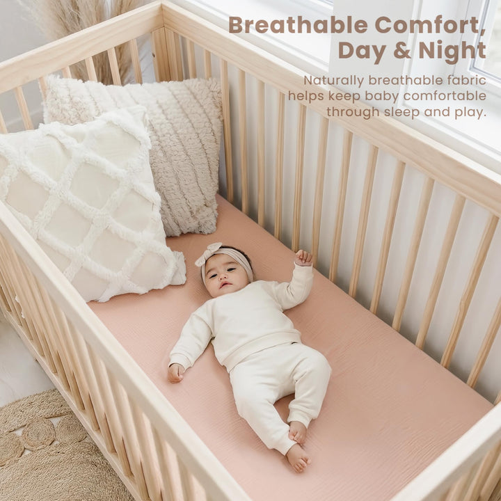 Konssy 2 Pack Muslin Crib Sheets for Standard Crib Mattress, 52" x 28" 100% Cotton, Soft & Breathable, 360° Elastic Snug Fit, Solid & Printed Designs for Baby Girls & Boys