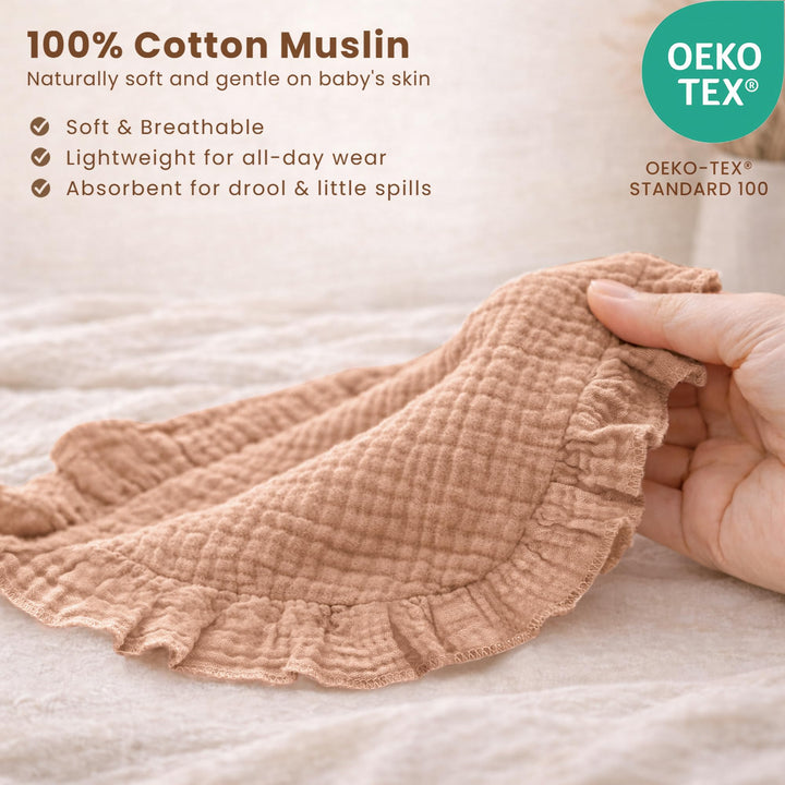 Konssy 3-Pack Muslin Baby Girl Bibs, 100% Cotton with Ruffle Trim Ultra Soft & Absorbent, Baby Essentials for Drooling and Teething, for Newborn, Infant & Toddler 0-36 Months