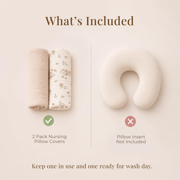 Konssy 2-Pack Muslin Nursing Pillow Covers, Floral Soft Slipcover for Baby Covers Only, 100% Cotton, Hidden Zipper, Washable, Breastfeeding Pillows Covers for Newborn Boys & Girls