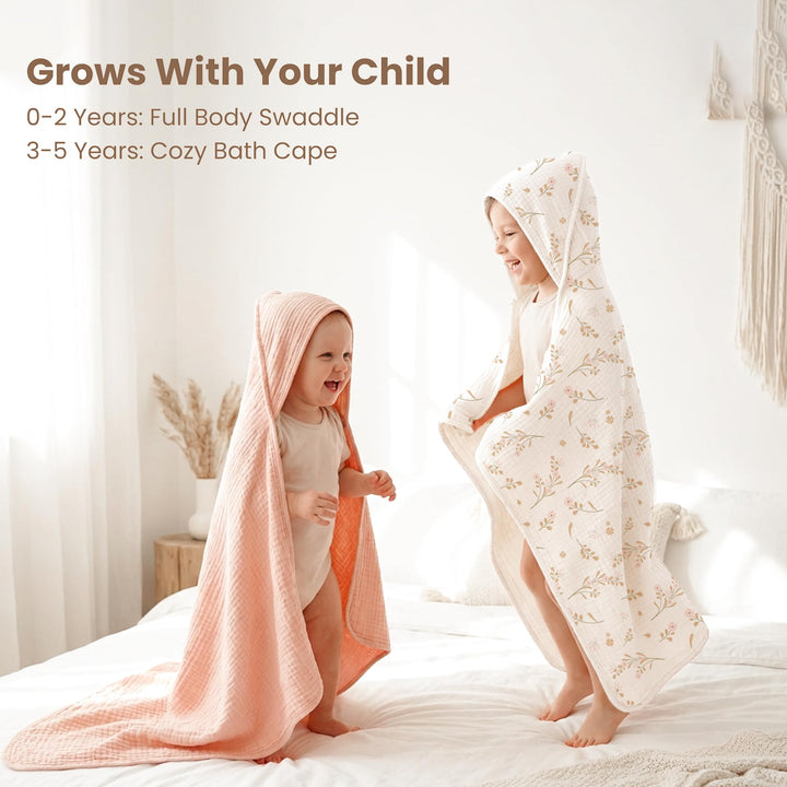 Konssy 2-Pack 100% Muslin Cotton Hooded Baby Bath Towels for Boys and Girls 32 x 32 In, Ultra-Soft & Absorbent, Bath Towels With Hooded for Infants Newborns Toddlers, Machine Washable