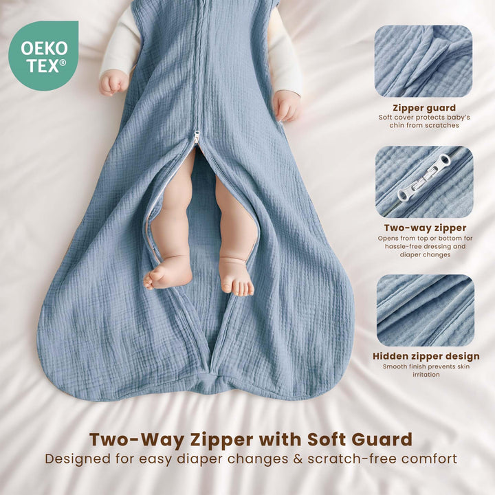 Konssy Muslin Baby Sleep Sack 12-18 Months, 0.8 TOG Baby Wearable Blanket 2 Pack, Two-Way Zipper, 100% Cotton, Soft & Breathable Sleeping Sack, Infants and Toddlers Nursery Essentials