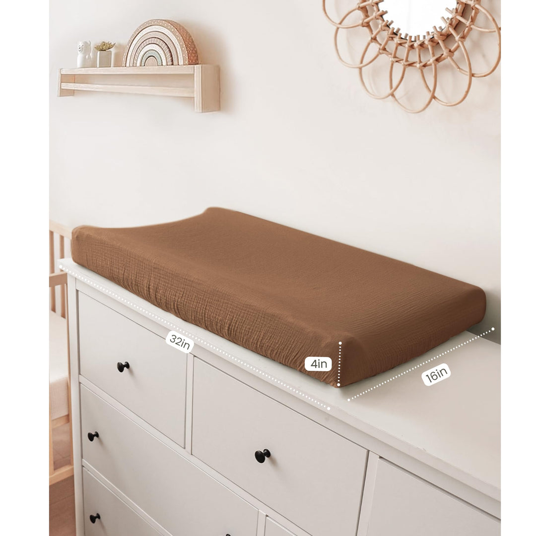 Konssy 100% Cotton Muslin Changing Pad Cover 2 Pack, 32"x16" Standard Fit Ultra Soft & Breathable, Diaper Changing Table Sheets, Neutral Nursery Design, for Baby Boys Girls
