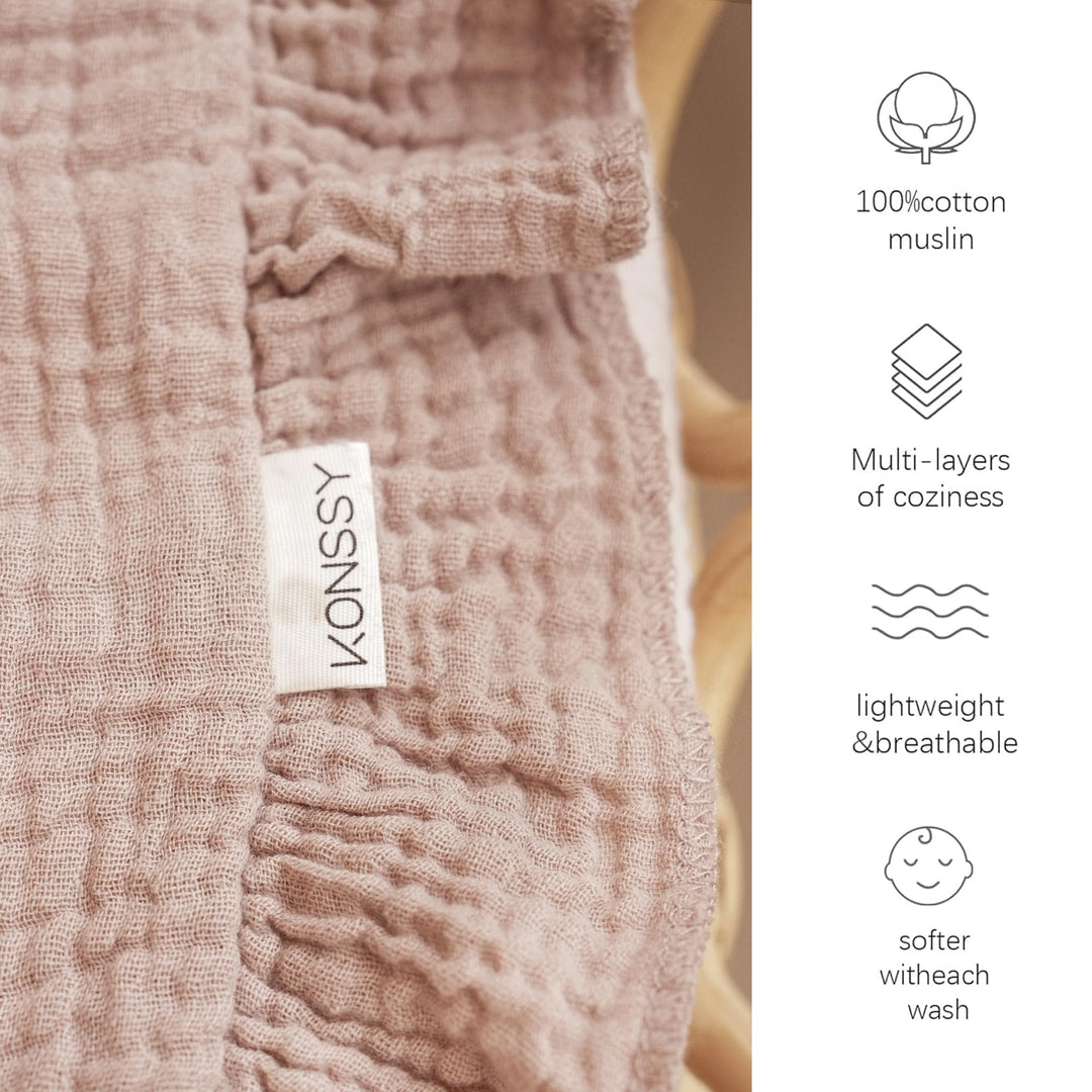 Konssy 100% Cotton Muslin Baby Blanket with Ruffle Trim for Girls, 43"x39" Reversible Design, Ultra Soft & Lightweight, for Swaddling, Crib, Stroller & Nursery Use, from Newborn to Toddler