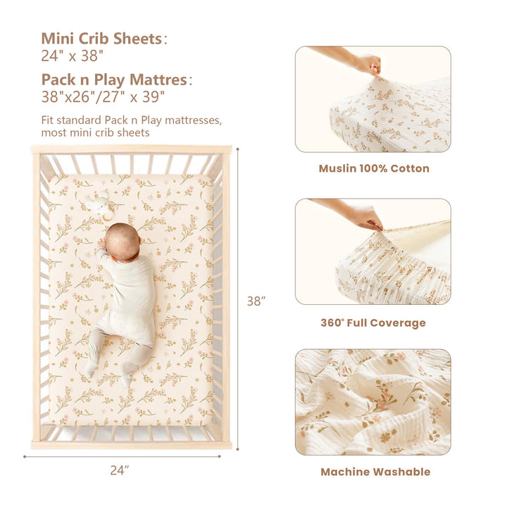 Konssy 2 Pack Muslin Mini Crib Sheets, Fits Pack and Play, 38"x24" 100% Cotton, Soft & Breathable, for Naps & Playtime, Floral & Solid Designs, Machine Washable