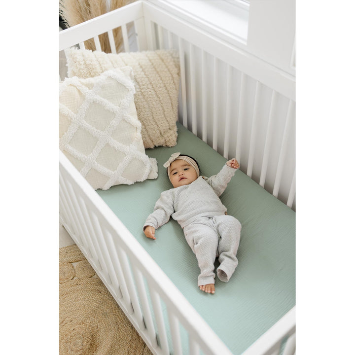 Konssy 2 Pack Muslin Crib Sheets for Baby Boys & Girls, 52" x 28" Fits Standard Crib Mattress, Premium 100% Cotton, Soft & Breathable, Neutral Design, 360° Full Elastic Fit