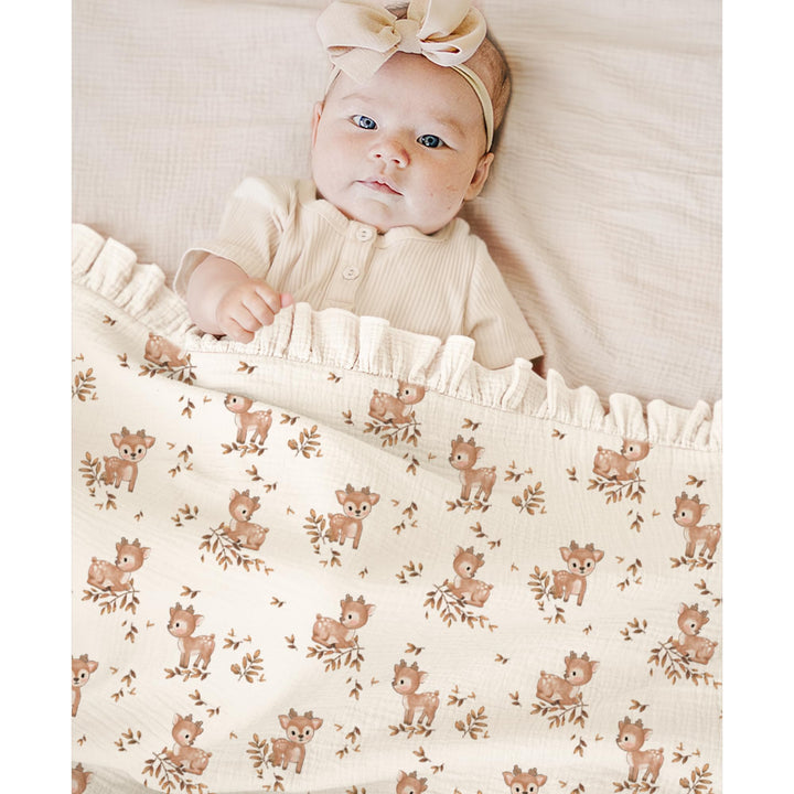 Konssy 100% Cotton Muslin Baby Blanket with Ruffle Trim for Girls, 43"x39" Reversible Design, Ultra Soft & Lightweight, for Swaddling, Crib, Stroller & Nursery Use, from Newborn to Toddler
