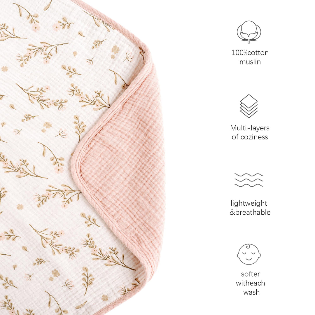 Konssy 100% Cotton Muslin Baby Blanket for Girls Boys, 40"x36" Soft & Lightweight, 4-Layer Muslin, for Receiving, Swaddling, Crib, Stroller & Nursery, Newborn to Toddler