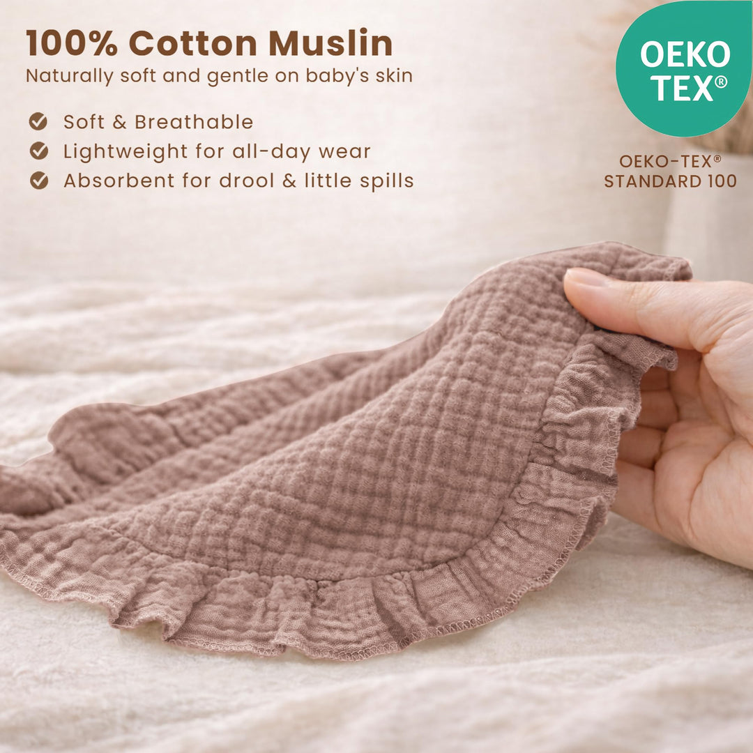 Konssy 3-Pack Muslin Baby Girl Bibs, 100% Cotton with Ruffle Trim Ultra Soft & Absorbent, Baby Essentials for Drooling and Teething, for Newborn, Infant & Toddler 0-36 Months