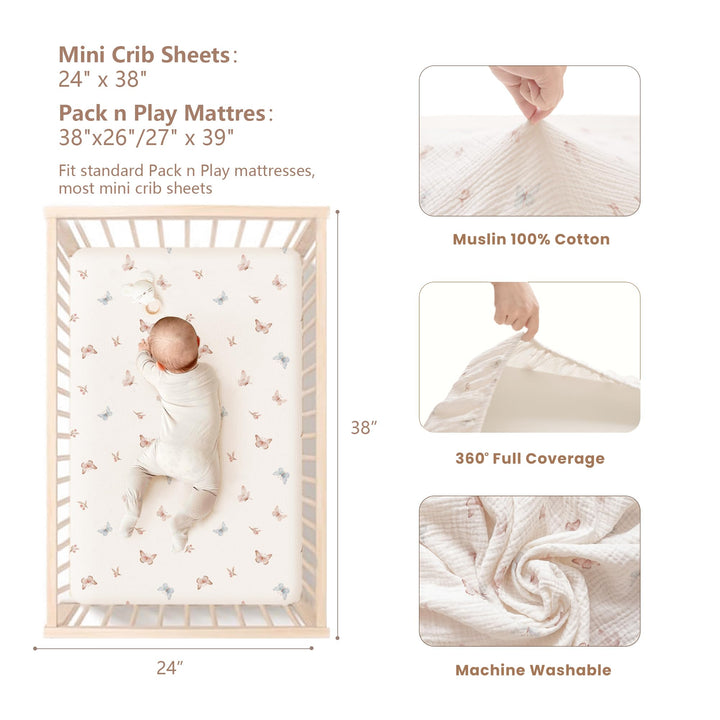 Konssy 2 Pack Muslin Mini Crib Sheets, Fits Pack and Play, 38"x24" 100% Cotton, Soft & Breathable, for Naps & Playtime, Floral & Solid Designs, Machine Washable