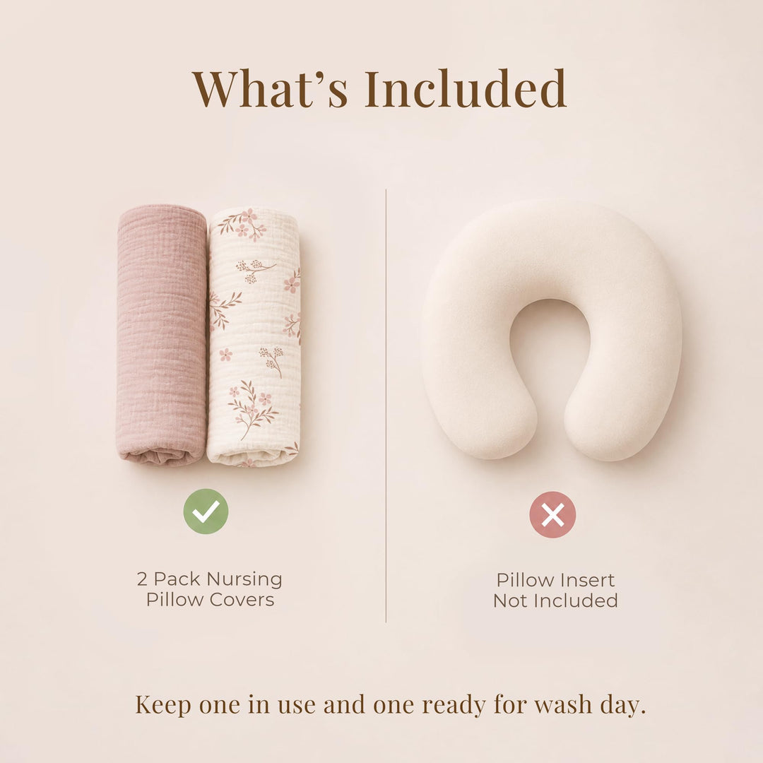 Konssy 2-Pack Muslin Nursing Pillow Covers, Floral Soft Slipcover for Baby Covers Only, 100% Cotton, Hidden Zipper, Washable, Breastfeeding Pillows Covers for Newborn Boys & Girls