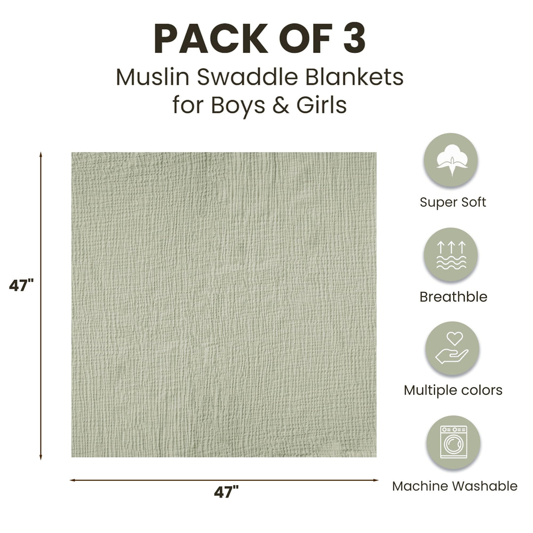Konssy 3-Pack Muslin Baby Swaddle Blankets, 47 x 47 in Receiving Blankets Large Size, 100% Cotton, Ultra Soft & Breathable, Multi-Use Swaddles for Boys & Girls, from Newborn to Toddler