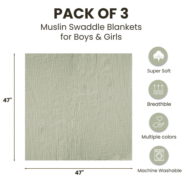 Konssy 3-Pack Muslin Baby Swaddle Blankets, 47 x 47 in Receiving Blankets Large Size, 100% Cotton, Ultra Soft & Breathable, Multi-Use Swaddles for Boys & Girls, from Newborn to Toddler