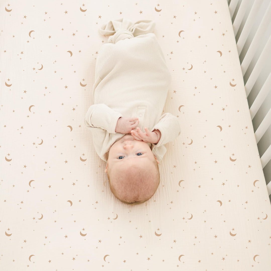 Konssy 2 Pack Muslin Crib Sheets for Baby Boys & Girls, 52" x 28" Fits Standard Crib Mattress, Premium 100% Cotton, Soft & Breathable, Neutral Design, 360° Full Elastic Fit