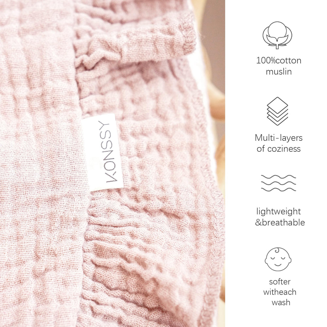 Konssy 100% Cotton Muslin Baby Blanket with Ruffle Trim for Girls, 43"x39" Reversible Design, Ultra Soft & Lightweight, for Swaddling, Crib, Stroller & Nursery Use, from Newborn to Toddler