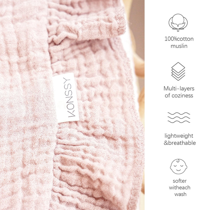 Konssy 100% Cotton Muslin Baby Blanket with Ruffle Trim for Girls, 43"x39" Reversible Design, Ultra Soft & Lightweight, for Swaddling, Crib, Stroller & Nursery Use, from Newborn to Toddler