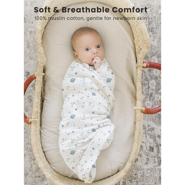 Konssy 3-Pack Muslin Baby Swaddle Blankets, 47 x 47 in Receiving Blankets Large Size, 100% Cotton, Ultra Soft & Breathable, Multi-Use Swaddles for Boys & Girls, from Newborn to Toddler
