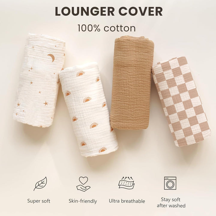 Konssy 2 Pack Muslin Baby Lounger Covers, Covers Only, 30.7" x 20" 100% Cotton, Soft & Breathable, Baby Nest Slipcover, Envelope Closure, Pre-Washed for Lasting Fit