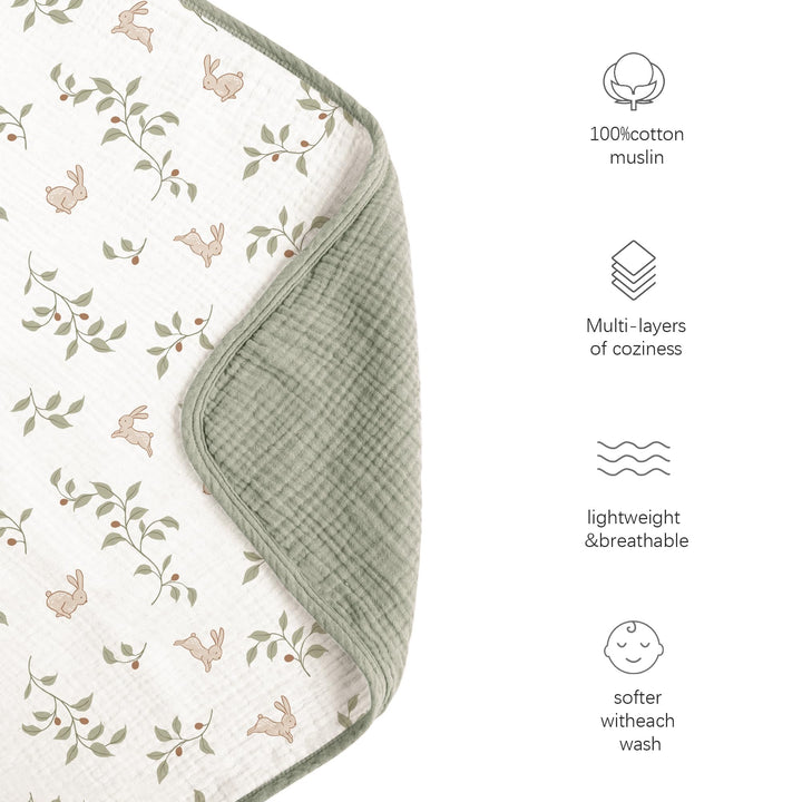 Konssy 100% Cotton Muslin Baby Blanket for Girls Boys, 40"x36" Soft & Lightweight, 4-Layer Muslin, for Receiving, Swaddling, Crib, Stroller & Nursery, Newborn to Toddler