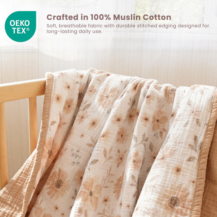 Konssy 100% Cotton Muslin Baby Blanket for Girls Boys, 47"x47" Soft & Lightweight, 4-Layer Muslin, for Receiving, Swaddling, Crib, Stroller & Nursery, Newborn to Toddler