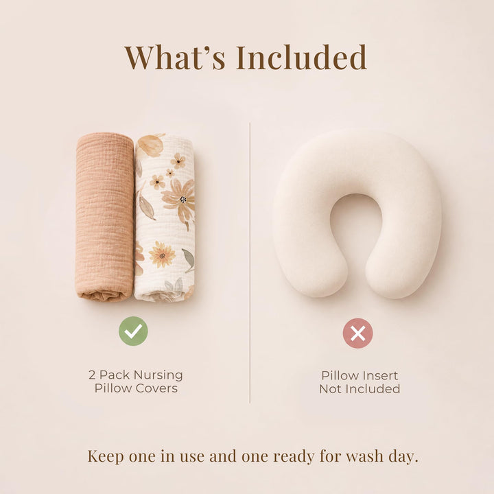 Konssy 2-Pack Muslin Nursing Pillow Covers, Floral Soft Slipcover for Baby Covers Only, 100% Cotton, Hidden Zipper, Washable, Breastfeeding Pillows Covers for Newborn Boys & Girls
