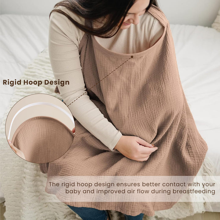 Konssy Muslin Nursing Cover Up for Breastfeeding with Rigid Hoop 100% Cotton Nursing Apron, Lightweight & Breathable, Carseat Canopy, Breast Feeding Covers for Women