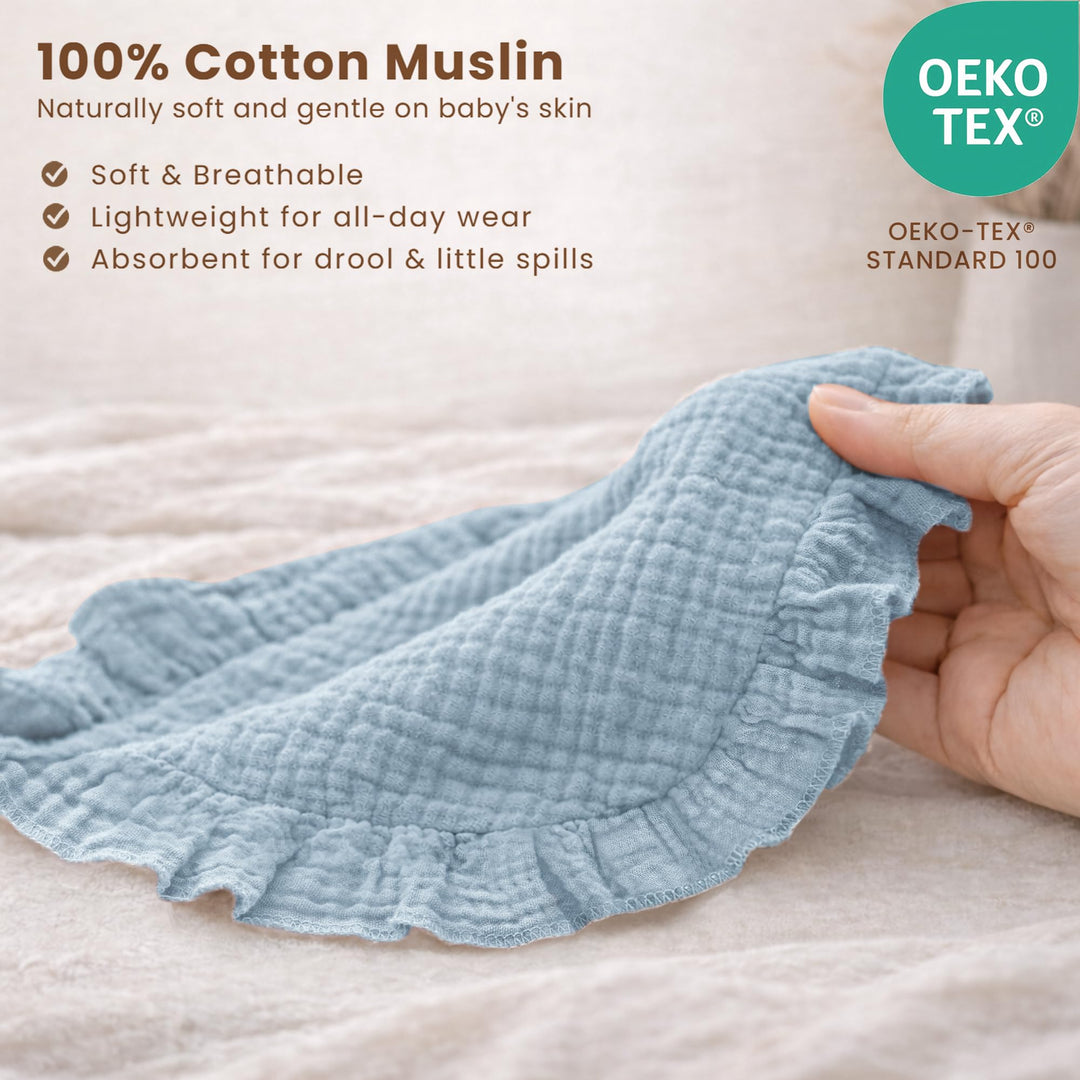 Konssy 3-Pack Muslin Baby Girl Bibs, 100% Cotton with Ruffle Trim Ultra Soft & Absorbent, Baby Essentials for Drooling and Teething, for Newborn, Infant & Toddler 0-36 Months