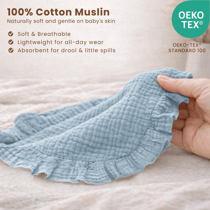 Konssy 3-Pack Muslin Baby Girl Bibs, 100% Cotton with Ruffle Trim Ultra Soft & Absorbent, Baby Essentials for Drooling and Teething, for Newborn, Infant & Toddler 0-36 Months