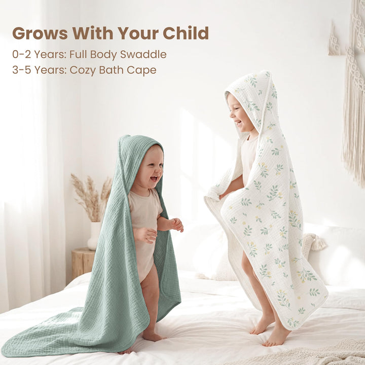 Konssy 2-Pack 100% Muslin Cotton Hooded Baby Bath Towels for Boys and Girls 32 x 32 In, Ultra-Soft & Absorbent, Bath Towels With Hooded for Infants Newborns Toddlers, Machine Washable