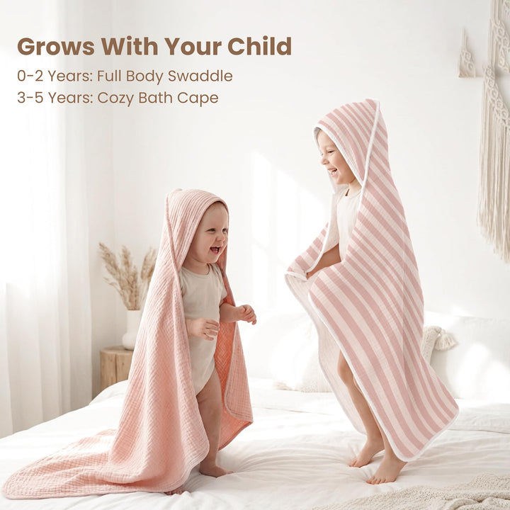 Konssy 2-Pack 100% Muslin Cotton Hooded Baby Bath Towels for Boys and Girls 32 x 32 In, Ultra-Soft & Absorbent, Bath Towels With Hooded for Infants Newborns Toddlers, Machine Washable