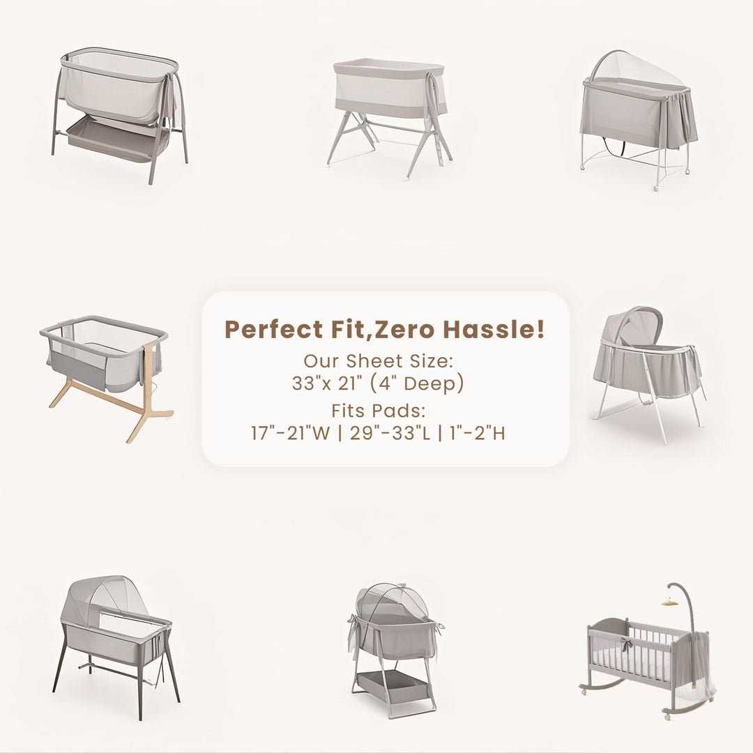 Konssy 3 Pack Stretchy Bassinet Sheets for Baby Girls and Boys, 33"x21" Silky-Soft & Breathable, Bassinet Mattress Sheet, for Baby Delight, Dream on Me, Rectangle Bassinet Sheets