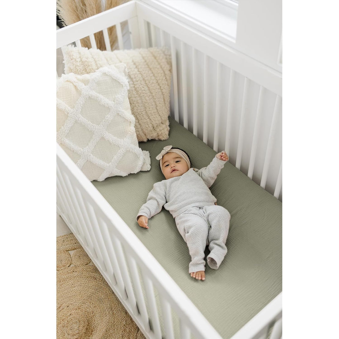Konssy 2 Pack Muslin Crib Sheets for Baby Boys & Girls, 52" x 28" Fits Standard Crib Mattress, Premium 100% Cotton, Soft & Breathable, Neutral Design, 360° Full Elastic Fit