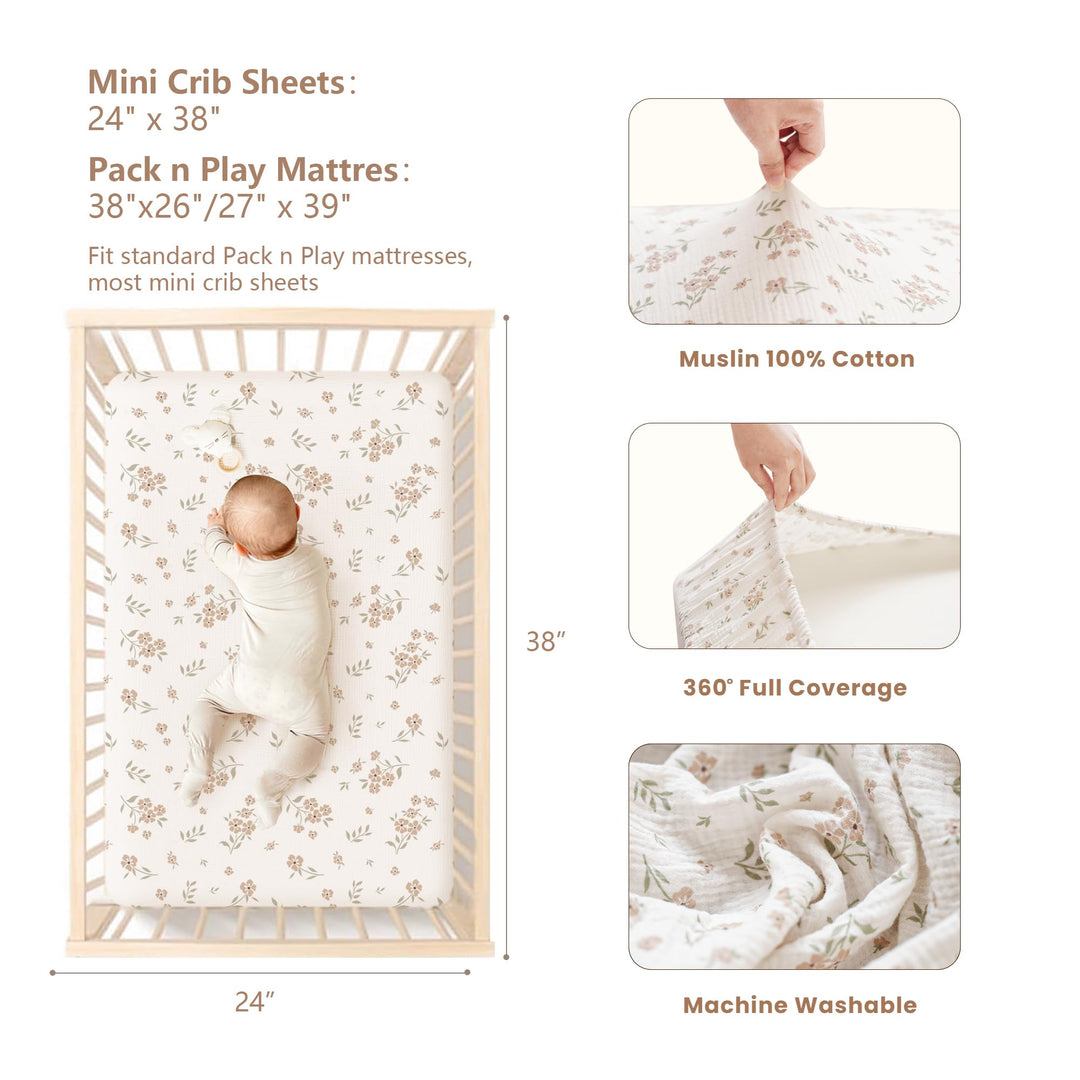 Konssy 2 Pack Muslin Mini Crib Sheets, Fits Pack and Play, 38"x24" 100% Cotton, Soft & Breathable, for Naps & Playtime, Floral & Solid Designs, Machine Washable